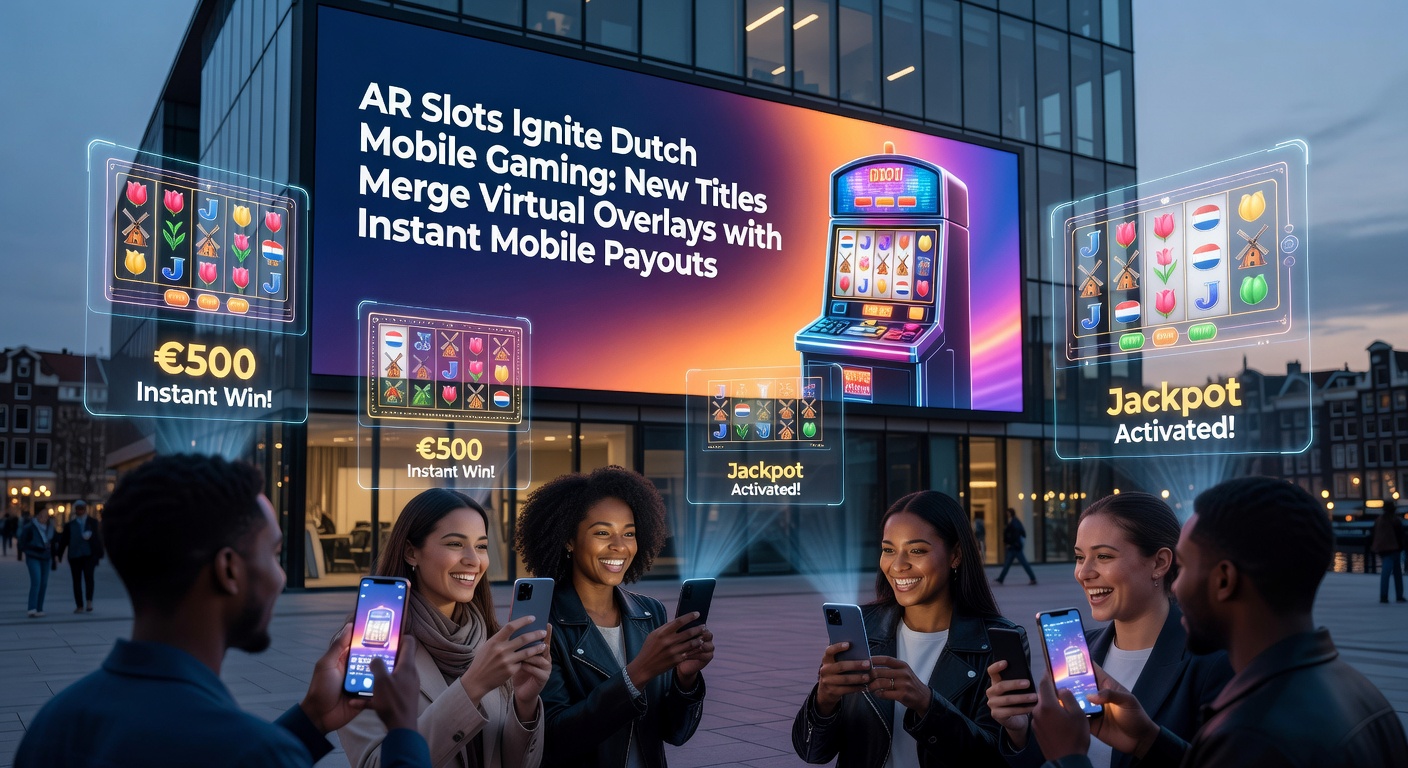 Speler houdt telefoon vast met AR-slot overlay zichtbaar, virtuele jackpotmunten vallen in de echte handpalm terwijl een uitbetalingsmelding op het scherm knippert