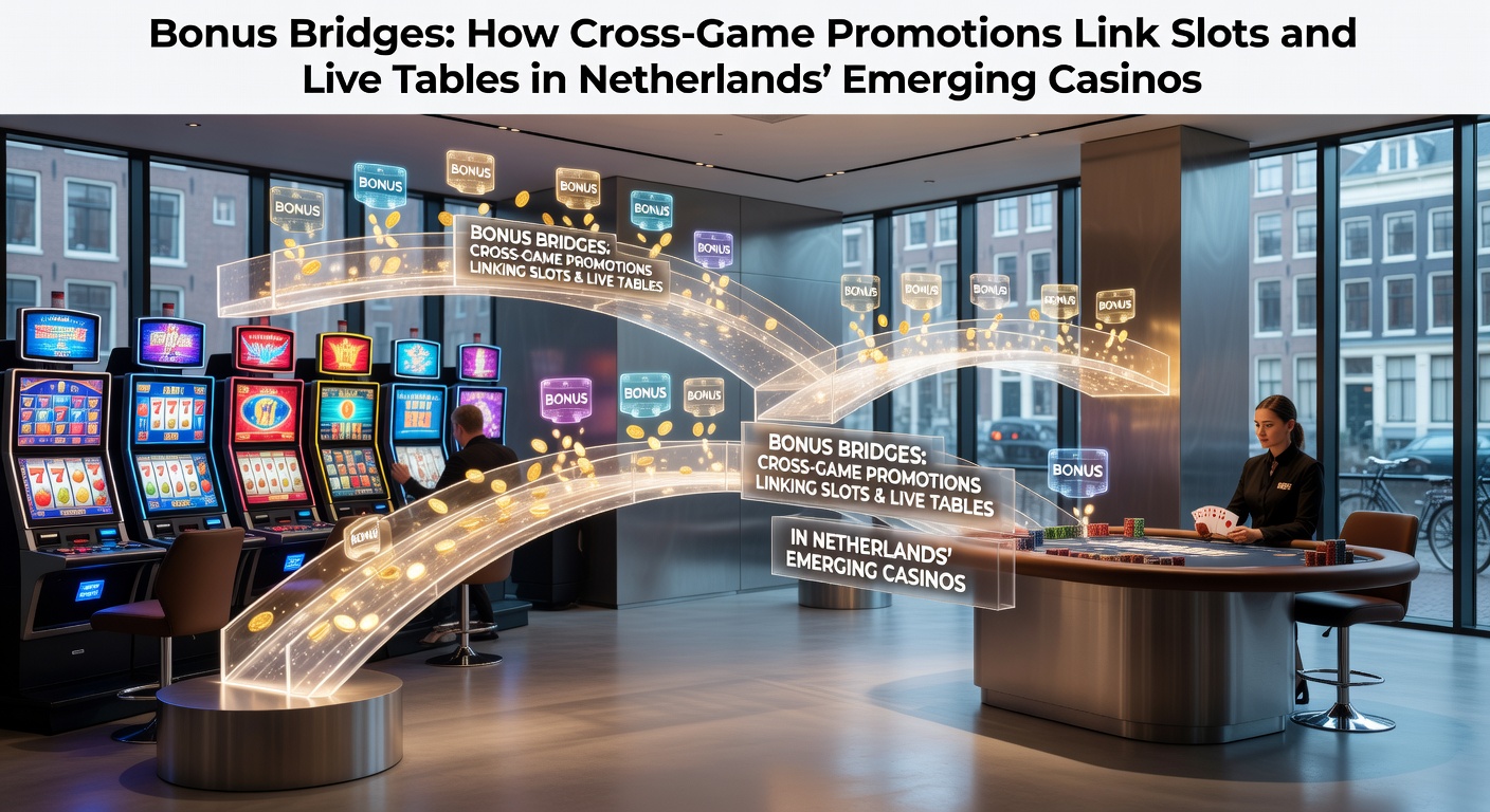 Schermafbeelding van een casino-app met een bonusbrug-promotie die slots en live blackjack tafels verbindt, inclusief een speler die punten accumuleert voor cross-game beloningen