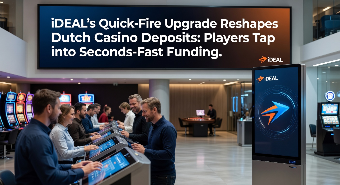 Grafiek met staafdiagrammen die de daling van stortingstijden tonen vóór en na iDEAL Quick-Fire, met pieken in april 2026 bij Nederlandse online casinos