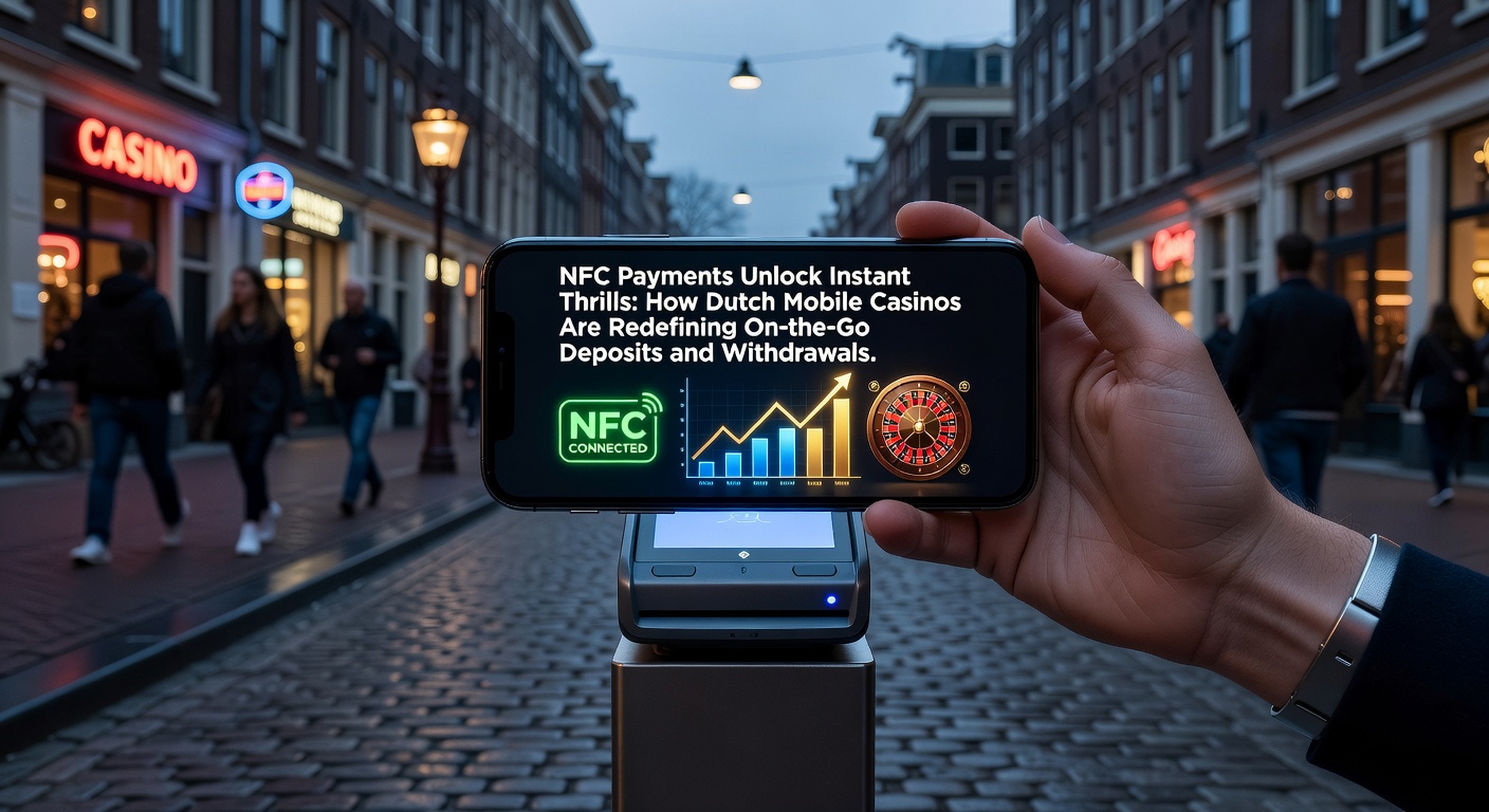 Smartphone met NFC-symbool naast casino-app op een Nederlands straatbeeld, symboliserend snelle mobiele betalingen