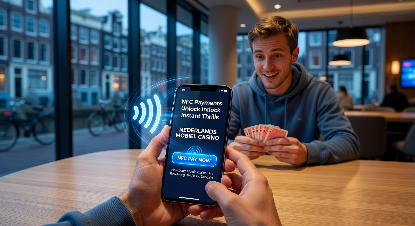 Afbeelding van een speler die smartphone tikt tegen betaalterminal in een casino-omgeving, met geldsymbolen en snelle pijlen voor deposits
