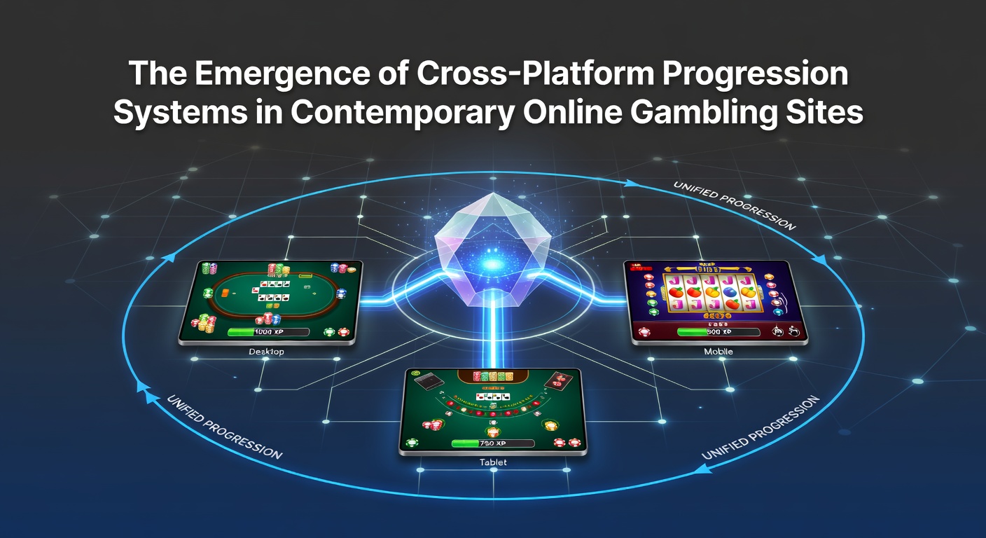 Illustratie van cross-platform progressiesystemen die niveaus en beloningen synchroniseren over mobiele en desktop apparaten in online casino's