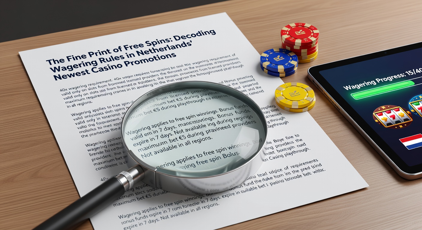 Illustratie van een casino bonus met kleine letters en een vergrootglas op weddenschapsvoorwaarden