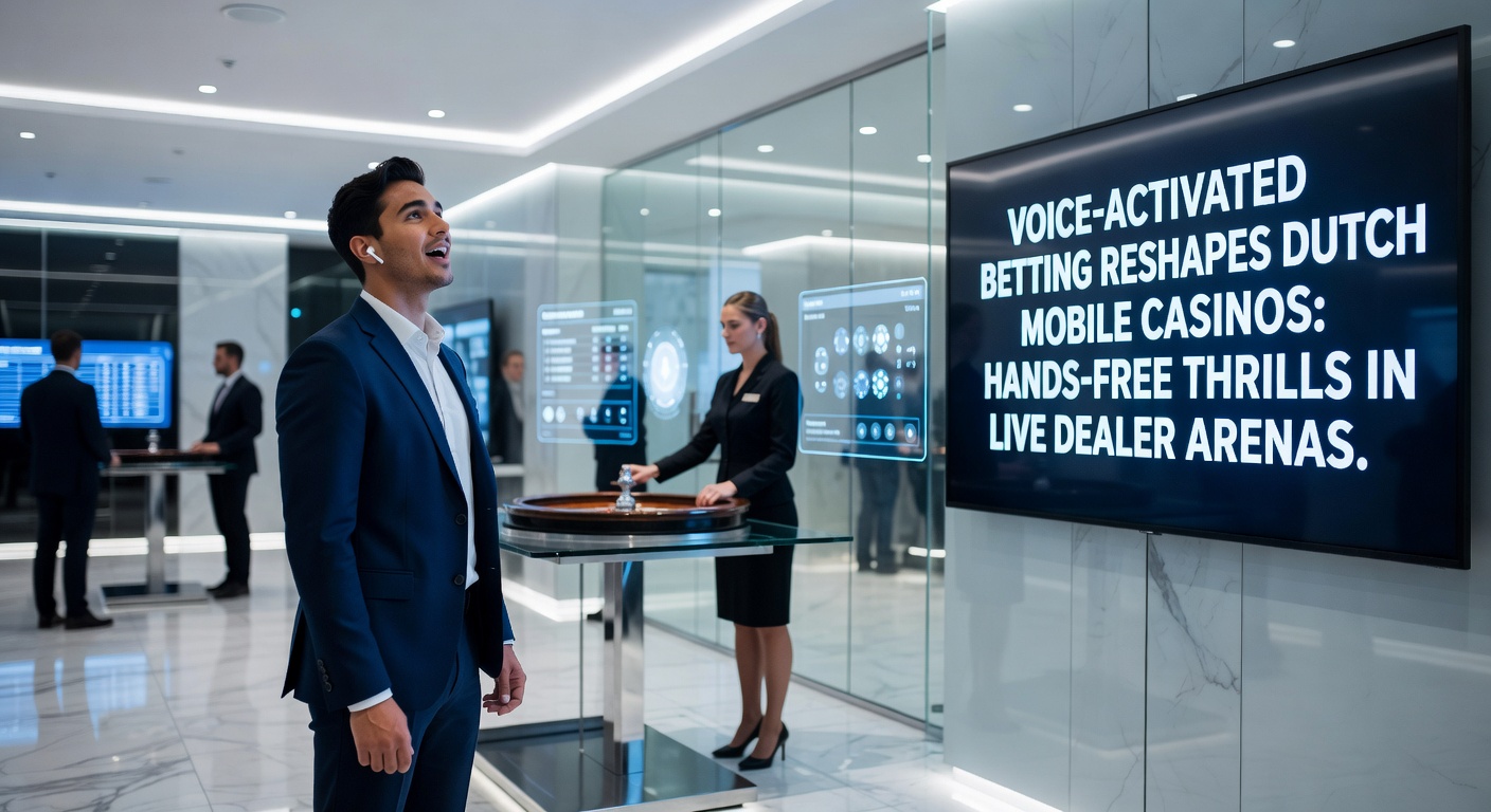 Speler gebruikt stemcommando's bij een live dealer blackjacktafel op mobiel, met voice-activation interface zichtbaar