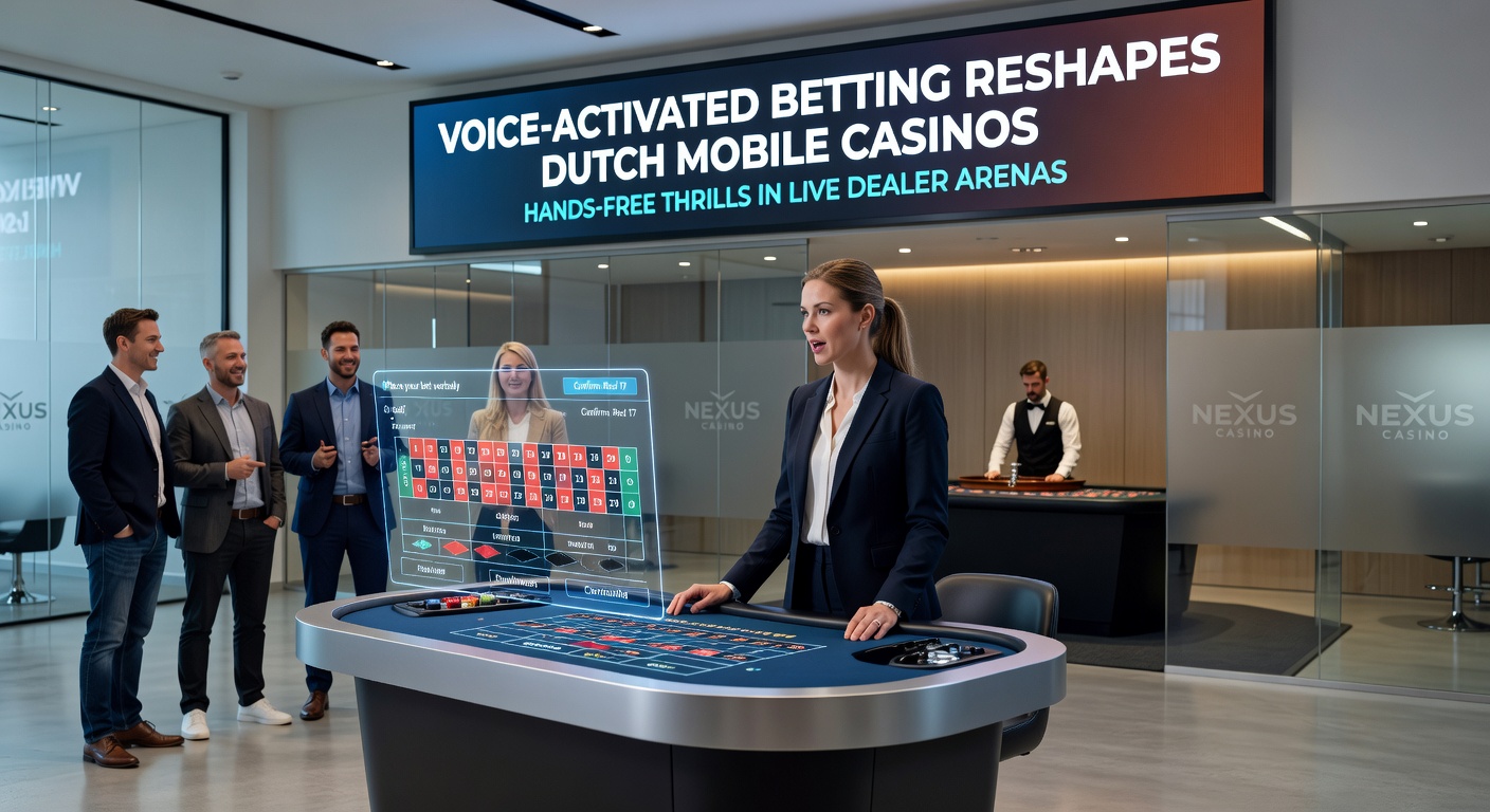 Close-up van een mobiel scherm met voice-activation overlay tijdens een live poker game, inclusief spraakbubbels en dealer interactie
